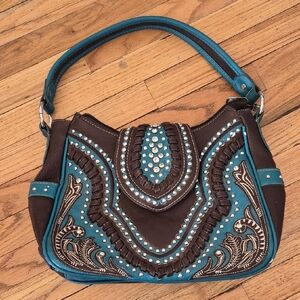 Montana West Brown and Turquoise Embroidered Shoulder Bag
